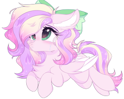 Size: 2634x2096 | Tagged: safe, artist:lazuli, derpibooru import, oc, oc only, oc:iridescent flings, pegasus, pony, bow, chest fluff, commission, hair bow, heart eyes, lying down, pegasus oc, prone, signature, simple background, solo, transparent background, wingding eyes, wings, ych result