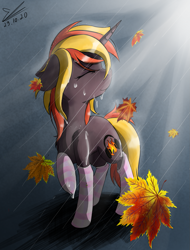 Size: 1021x1343 | Tagged: safe, artist:yuris, derpibooru import, oc, oc only, pony, unicorn, leaves, rain, solo, wet, wet mane