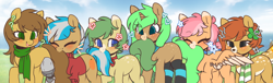 Size: 4962x1500 | Tagged: safe, artist:angelbeat-drift, derpibooru exclusive, derpibooru import, oc, oc only, oc:clementine, oc:clover springs, oc:jade sprockett, oc:olive branch, oc:tori, oc:valencia orange, deer, deer pony, earth pony, original species, pegasus, unicorn, amputee, ascot, biting, blank flank, blushing, clothes, clover, coat markings, collar, cutie mark, female, field, freckles, group, grumpy, height difference, looking at each other, looking back, mare, nom, nom train, prosthetic leg, prosthetic limb, prosthetics, scarf, smiling, socks, spots, sweater, tail bite, tail noms, thigh highs