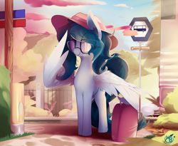 Size: 3538x2902 | Tagged: safe, artist:nevobaster, derpibooru import, oc, oc only, oc:delta vee, pegasus, pony, bus stop, cute, eye clipping through hair, female, glasses, hat, mare, ocbetes, smiling, solo, suitcase, university, wing hold, wings, younger