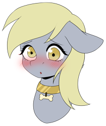 Size: 4206x5007 | Tagged: safe, artist:torihime, derpibooru import, derpy hooves, pegasus, pony, blushing, bone, bust, collar, commission, cute, derpabetes, female, mare, open mouth, pet tag, simple background, solo, transparent background, ych result