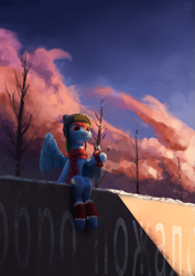 Size: 1187x1680 | Tagged: safe, artist:smg11-on-ddjrb, derpibooru import, rainbow dash, pegasus, pony, clothes, cloud, coca-cola, cyrillic, drink, drinking, female, hat, leg warmers, mare, scarf, sitting, solo, straw, winter, winter outfit