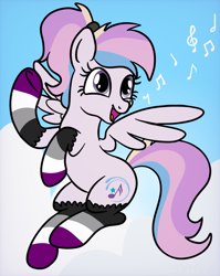 Size: 1536x1928 | Tagged: safe, artist:sjart117, derpibooru import, oc, oc only, oc:orient duetta wonder, pony, asexual, asexual awarness week, asexual pride flag, asexuality, clothes, cloud, female, flying, happy, mare, mole, music notes, pride, pride flag, pride socks, singing, sky, smiling, socks, solo, striped socks