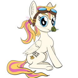 Size: 960x960 | Tagged: safe, artist:hotkinkajou, oc, oc only, oc:bombshell, pegasus, pony, alternate hairstyle, animated, body writing, bomb, boop, costume, cute, dock, ear fluff, female, goggles, hit marker, looking at you, mare, nightmare night costume, ocbetes, pigtails, reversed gender roles equestria general, self-boop, simple background, sitting, smiling, solo, underhoof, white background, wings