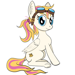 Size: 960x960 | Tagged: safe, artist:hotkinkajou, oc, oc only, oc:bombshell, pegasus, pony, alternate hairstyle, dock, ear fluff, female, goggles, looking at you, mare, pigtails, simple background, sitting, smiling, solo, underhoof, white background, wings