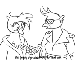 Size: 704x562 | Tagged: safe, artist:jargon scott, gallus, oc, oc:whore birb, griffon, black and white, dollar, duo, female, grayscale, male, money, monochrome, simple background, subtitles, sunglasses, trenchcoat, white background