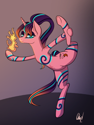 Size: 900x1200 | Tagged: safe, alternate version, artist:plaguemare, derpibooru import, oc, oc only, oc:pyro mane, pony, unicorn, blue eyes, body markings, bodypaint, burn marks, contortion, dancing, eyeliner, female, fire, makeup, mare, performer, pink coat, ponytail, purple mane, purple tail, pyro, pyromancy, raised leg, simple background, solo, splits, yoga, yoga pose