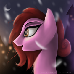 Size: 768x768 | Tagged: safe, artist:nanazdina, derpibooru import, oc, oc:lunatia elsa, earth pony, pony, alone, bust, deviantart, female, grayscale, lineless, lineless art, monochrome, moon, night, portrait, simple background, simple shading, snow, winter