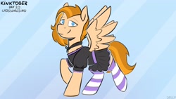 Size: 3840x2160 | Tagged: safe, artist:jellysiek, derpibooru import, oc, oc only, pegasus, pony, clothes, crossdressing, dress, kinktober2020, simple background, smiling, socks, spread wings, striped socks, wings