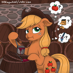 Size: 1512x1512 | Tagged: safe, artist:docwario, artist:mkogwheel, derpibooru import, applejack, earth pony, pony, collaboration, applejack's hat, barrel, cowboy hat, freckles, hat, jacktober, thinking, tongue out