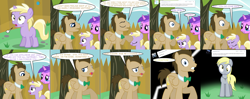 Size: 3724x1480 | Tagged: safe, artist:theevilflashanimator, derpibooru import, amethyst star, derpy hooves, dinky hooves, doctor whooves, sparkler, pegasus, pony, unicorn, ask, ask discorded whooves, backyard, bowtie, comic, crying, dialogue, dinky hooves is not amused, female, fence, filly, jewelry, key, male, mare, necklace, picket fence, race swap, stallion, teenager, this will end in tears, this will not end well, tree, trio, tumblr comic