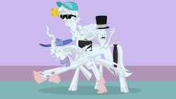 Size: 1366x768 | Tagged: safe, artist:forgalorga, derpibooru import, cozy glow, lord tirek, queen chrysalis, centaur, changeling, changeling queen, pegasus, pony, the ending of the end, baseball cap, boots, cap, clothes, fashion, female, filly, hat, pinwheel (toy), purse, scarf, shoes, sun hat, sunglasses, top hat, trio, two retired princesses, umbrella