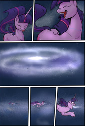 Size: 1920x2816 | Tagged: safe, artist:shieltar, derpibooru import, part of a series, part of a set, twilight sparkle, unicorn twilight, pony, unicorn, comic:giant twilight, :p, comic, cute, dialogue, eyes closed, female, galaxy, giant pony, giant twilight sparkle, giantess, growth, jewelry, macro, magic, mare, necklace, open mouth, pony bigger than a planet, pony bigger than a solar system, pony bigger than a star, pony heavier than a black hole, signature, silly, silly pony, size difference, solo, space, stars, tongue out, twiabetes