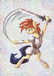 Size: 1169x1654 | Tagged: safe, artist:calena, derpibooru import, oc, oc only, pony, unicorn, armor, bag, commission, ear fluff, holding, saddle bag, simple background, solo, sword, weapon, ych result
