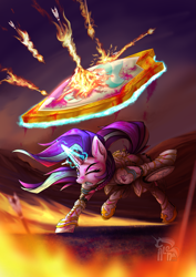 Size: 1403x1984 | Tagged: safe, artist:calena, derpibooru import, starlight glimmer, unicorn, armor, armor skirt, arrow, battlefield, blood, clothes, commission, damaged, fire, gold, magic, pigtails, shield, shining resonance, skirt, solo, torn clothes, ych result