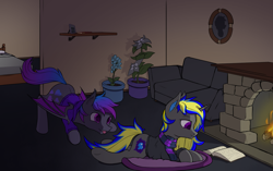 Size: 3411x2139 | Tagged: safe, artist:thehuskylord, derpibooru import, bat pony, pony, unicorn, bed, book, clothes, cushion, duo, fire, fireplace, flower, house, picture frame, plant, reading, scarf, shelf, sofa, sweater