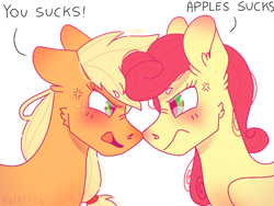 Size: 1024x768 | Tagged: safe, artist:valkiria, derpibooru exclusive, derpibooru import, applejack, strawberry sunrise, earth pony, pegasus, pony, angry, female, females only, looking at each other, mare, simple background, speech bubble, talking, vulgar, white background