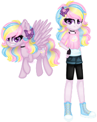 Size: 1280x1611 | Tagged: safe, artist:fantarianna, derpibooru import, pinkie pie, rainbow dash, oc, oc:rainbow pie, human, pegasus, pony, equestria girls, bow, choker, clothes, compression shorts, converse, denim shorts, equestria girls-ified, female, fingerless gloves, flying, fusion, gloves, hair bow, hand on hip, human and pony, human ponidox, multicolored hair, multicolored mane, multicolored tail, purple eyes, purple skin, self ponidox, shoes, shorts, shorts over shorts, simple background, sneakers, solo, solo female, tomboy, transparent background