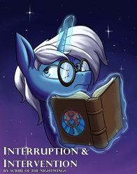 Size: 2200x2800 | Tagged: safe, artist:rocket-lawnchair, derpibooru import, oc, oc only, oc:astral ink, pony, unicorn, book, bust, fanfic, fanfic art, fanfic cover, solo