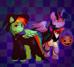 Size: 1200x1100 | Tagged: safe, artist:poofindi, derpibooru import, rainbow dash, twilight sparkle, twilight sparkle (alicorn), alicorn, pegasus, pony, candy bag, clothes, costume, dracula, dracula costume, halloween, halloween costume, holiday, looking at you, magic, simple background, witch costume