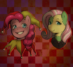 Size: 1200x1100 | Tagged: safe, artist:poofindi, derpibooru import, fluttershy, pinkie pie, earth pony, pegasus, pony, frankenstein costume, halloween, halloween costumes, holiday, jester, jester costume, looking at you, simple background, smiling