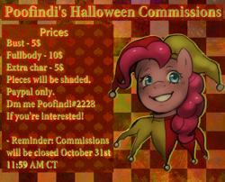 Size: 1200x971 | Tagged: safe, artist:poofindi, derpibooru import, pinkie pie, earth pony, pony, advertisement, commission, commission info, halloween, halloween commission, holiday