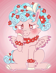 Size: 661x861 | Tagged: safe, artist:rain/jackie, derpibooru import, cozy glow, pegasus, pony, blushing, bracelet, cozybetes, cute, female, filly, flower, flower in hair, flower necklace, fluffy, heart eyes, signature, solo, wingding eyes