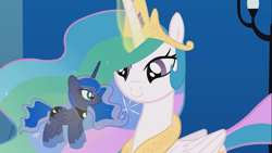 Size: 1366x768 | Tagged: safe, artist:agrol, derpibooru import, princess celestia, princess luna, alicorn, pony, glowing horn, horn, it's hard to be a princess, magic, plushie, size difference, telekinesis, youtube link