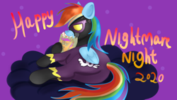 Size: 1280x720 | Tagged: safe, artist:jbond, derpibooru import, rainbow dash, pegasus, pony, candy, candy bag, clothes, cloud, costume, eating, female, food, halloween, holiday, nightmare night, postcard, shadowbolt dash, shadowbolts costume, solo, solo female, text