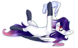 Size: 867x531 | Tagged: safe, artist:daringpineapple, derpibooru import, oc, oc only, pegasus, pony, blushing, colored wings, female, gradient mane, gradient tail, hoof hold, lying down, mare, on back, plushie, red eyes, simple background, smiling, socks (coat marking), solo, spread wings, transparent background, two toned wings, wings