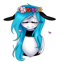 Size: 971x912 | Tagged: safe, artist:daringpineapple, derpibooru import, oc, oc only, pony, bust, commission, eyes closed, floral head wreath, flower, scar, simple background, smiling, solo, transparent background, ych result