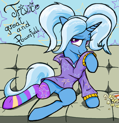 Size: 1085x1119 | Tagged: safe, artist:sallycars, derpibooru import, trixie, pony, unicorn, alternate hairstyle, babysitter trixie, blushing, clothes, featureless crotch, female, food, gameloft, gameloft interpretation, hoodie, mare, misspelling, popcorn, raised hoof, socks, sofa, solo, striped socks, trixie day