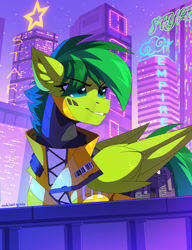 Size: 2000x2600 | Tagged: safe, artist:redchetgreen, derpibooru import, oc, oc only, oc:evergreen feathersong, pegasus, pony, cyberpunk, solo