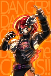 Size: 1377x2039 | Tagged: safe, artist:oberon826, derpibooru import, sunset shimmer, equestria girls, dangerous zombie, kamen rider, kamen rider ex-aid, kamen rider genm, kamen rider genm zombie gamer