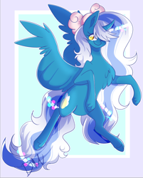 Size: 632x788 | Tagged: safe, artist:pickled_thyme, derpibooru import, oc, oc:fleurbelle, alicorn, alicorn oc, blue background, bow, chest fluff, female, fetlock tuft, golden eyes, hair bow, horn, mare, simple background, smiling, wingding eyes, wings