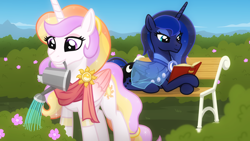 Size: 1920x1080 | Tagged: safe, artist:whitequartztheartist, derpibooru import, princess celestia, princess luna, alicorn, pony, bench, book, clothes, female, flower, garden, mare, mouth hold, reading, retired, royal sisters, royalty, scarf, sisters