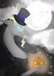 Size: 1606x2232 | Tagged: safe, artist:harukah, derpibooru import, oc, oc:lord fear, draconequus, halloween, holiday, male, moon, night, nightmare, nightmare night, not discord, pumpkin, solo, stars, wings