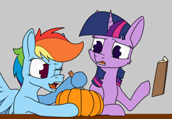 Size: 1294x900 | Tagged: safe, artist:dacaoo, derpibooru import, rainbow dash, twilight sparkle, pegasus, pony, book, carving, duo, halloween, holiday, knife, pumpkin