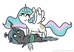 Size: 568x400 | Tagged: safe, artist:banebuster, derpibooru import, princess celestia, queen chrysalis, alicorn, changeling, changeling queen, pony, series:tiny tia, chibi, cute, cutelestia, eyes closed, female, pointy ponies, queen chrysalis is not amused, simple background, unamused, white background