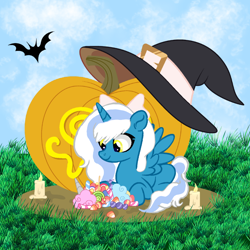 Size: 1000x1000 | Tagged: safe, artist:moonprincesskitty90, derpibooru import, oc, oc:fleurbelle, alicorn, alicorn oc, bow, candy, candy cane, female, food, golden eyes, hair bow, halloween, hat, holiday, horn, mare, pumpkin, wings, witch hat