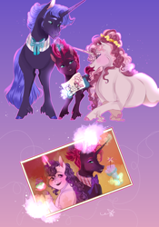 Size: 948x1351 | Tagged: safe, artist:bunnari, derpibooru import, fizzlepop berrytwist, sugar belle, tempest shadow, oc, pony, female, filly, headcanon, parent, photo, siblings, sisters, what if