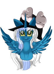 Size: 730x992 | Tagged: safe, artist:sakimiaji, derpibooru import, oc, oc only, oc:fleurbelle, alicorn, adorabelle, alicorn oc, bow, commission, cute, female, hair bow, hat, horn, looking at you, mare, simple background, solo, transparent background, wingding eyes, wings, witch hat, ych result