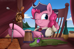 Size: 6000x4000 | Tagged: safe, artist:feital-zebra, derpibooru import, gummy, pinkie pie, twilight sparkle, twilight sparkle (alicorn), alicorn, earth pony, pony, :p, absurd resolution, arrow, bottle, chair, cider, cute, dagger, diapinkes, eyepatch, hat, hooves on the table, map, one eye closed, pirate, pirate hat, pirate pinkie pie, pirate twilight, reclining, sitting, smiling, tankard, tongue out, treasure map, underhoof, weapon