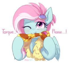 Size: 2603x2305 | Tagged: safe, artist:maren, derpibooru import, kerfuffle, pegasus, pony, rainbow roadtrip, amputee, biting, dialogue, female, hoof hold, implied torque wrench, mare, mouth hold, one eye closed, prosthetic leg, prosthetic limb, prosthetics, simple background, solo, white background, wink