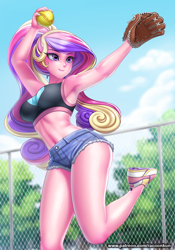 Size: 874x1250 | Tagged: safe, artist:racoonsan, color edit, derpibooru import, edit, editor:drakeyc, princess cadance, human, equestria girls, alternate hairstyle, anime, armpits, baseball glove, belly button, blushing, breasts, clothes, colored, daisy dukes, denim shorts, equestria girls edit, female, fence, midriff, multicolored hair, nail polish, no socks, one leg raised, open mouth, pink skin, princess cansdance, purple eyes, shoes, shorts, skin color edit, sneakers, softball, sports, sports bra, sweat, tennis, tennis ball, tree
