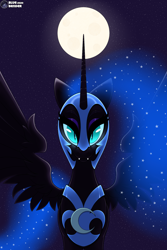 Size: 2000x3000 | Tagged: safe, artist:bluebender, derpibooru import, nightmare moon, alicorn, armor, background, canon, fanart, glowing eyes, helm, looking at you, moon, moonlight, nightmare night, stars, wings