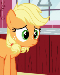 Size: 690x850 | Tagged: safe, derpibooru import, screencap, applejack, earth pony, pony, where the apple lies, animated, context is for the weak, cropped, double mane, female, floppy ears, freckles, gif, invisible stallion, open mouth, out of context, solo, teenage applejack, teenager