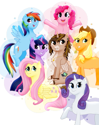 Size: 1271x1606 | Tagged: safe, artist:twin-fan, derpibooru import, applejack, fluttershy, pinkie pie, rainbow dash, rarity, twilight sparkle, unicorn twilight, oc, alicorn, earth pony, pegasus, pony, unicorn, alicorn oc, chest fluff, female, hat, horn, lying down, mane six, mare, prone, simple background, transparent background, unshorn fetlocks, wings