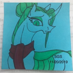 Size: 1080x1080 | Tagged: safe, artist:stargazerseven, derpibooru import, queen chrysalis, changedling, changeling, changeling queen, bust, changedling queen, clothes, female, frown, purified chrysalis, scarf, solo, traditional art