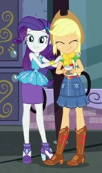 Size: 388x654 | Tagged: safe, derpibooru import, screencap, applejack, rarity, better together, equestria girls, street chic, applejack's hat, boots, bracelet, clothes, cowboy boots, cowboy hat, cropped, cute, eyes closed, geode of shielding, geode of super strength, hat, high heels, hot coffee, jackabetes, jewelry, looking at you, magical geodes, pencil skirt, raribetes, scarf, shoes, skirt, smiling, smiling at you, window